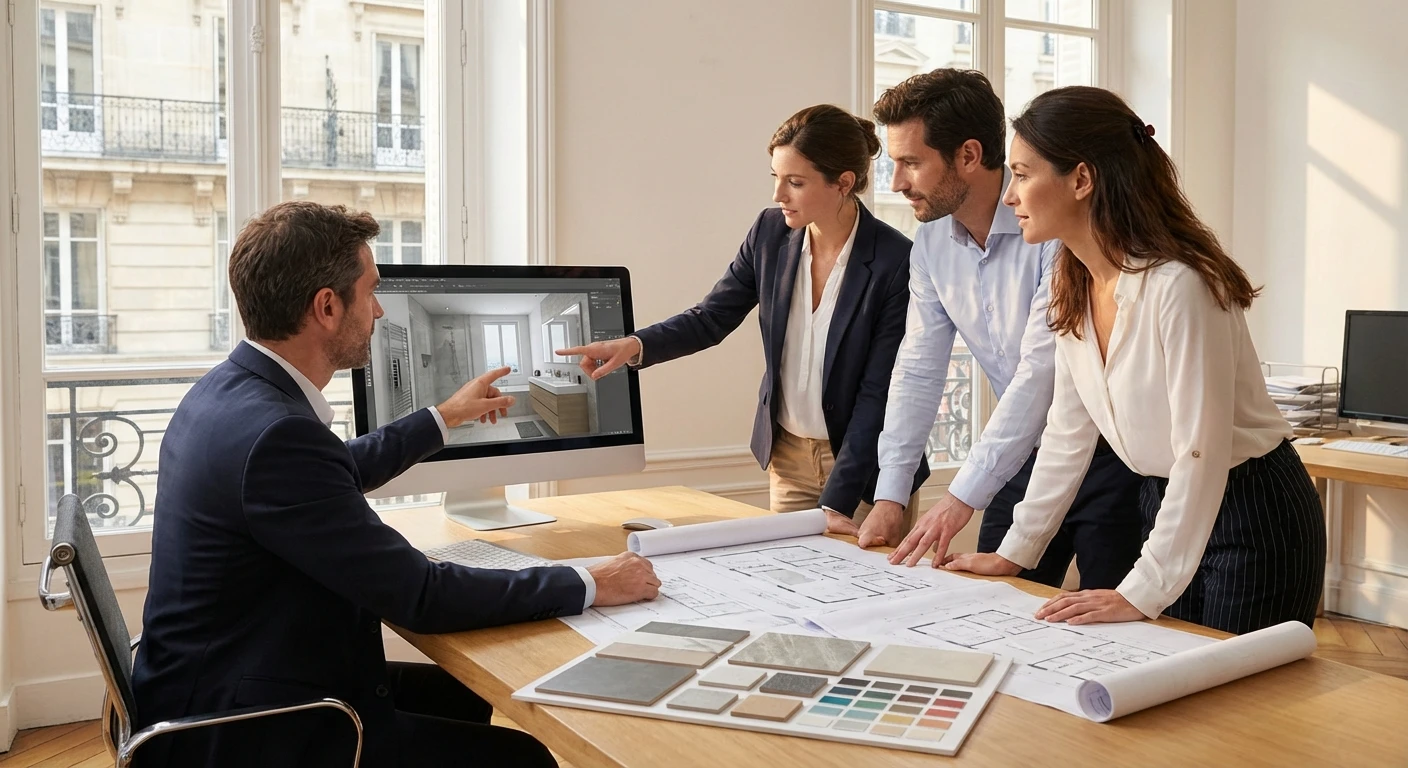 Photographie réaliste montrant un professionnel de la rénovation d'intérieur en train de présenter des plans et une maquette 3D de salle de bain à un couple de clients dans un bureau ou un espace de présentation. L'image doit montrer un écran d'ordinateur affichant un rendu 3D SketchUp d'une pièce rénovée, des plans papier, et les clients examinant attentivement les documents. L'atmosphère doit être professionnelle, accueillante, avec un bon éclairage naturel, représentant le processus de conception et validation avant travaux.
