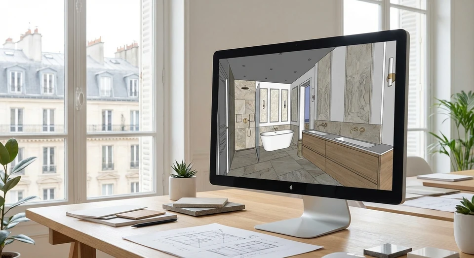 Photo réaliste d'un écran d'ordinateur affichant une maquette 3D détaillée d'une salle de bain (vue perspective montrant carrelage, sanitaires, revêtements muraux, agencement), prise en gros plan ou demi-plan, montrant clairement la visualisation 3D professionnelle d'un projet de rénovation, dans un contexte de bureau ou d'espace de travail.
