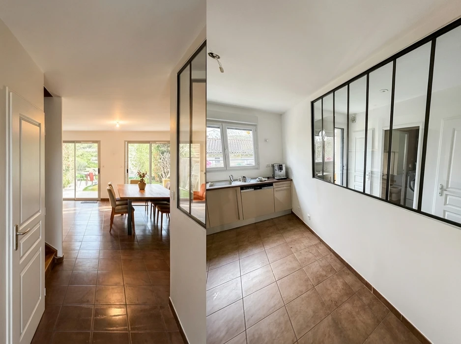 Diptyque intérieur résidentiel : entrée ouverte sur salle à manger avec table en bois massif, sol en carrelage grès brun, baie vitrée coulissante