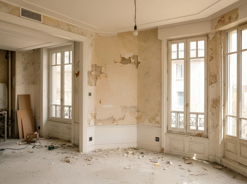 Appartement haussmannien en cours de rénovation, pièce vide aux murs dégradés avec enduit écaillé et papier peint arraché