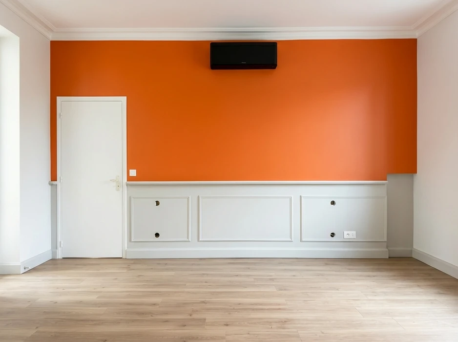 Pièce vide rénovée, mur accent orange vif, lambris blanc mi-hauteur avec prises encastrées