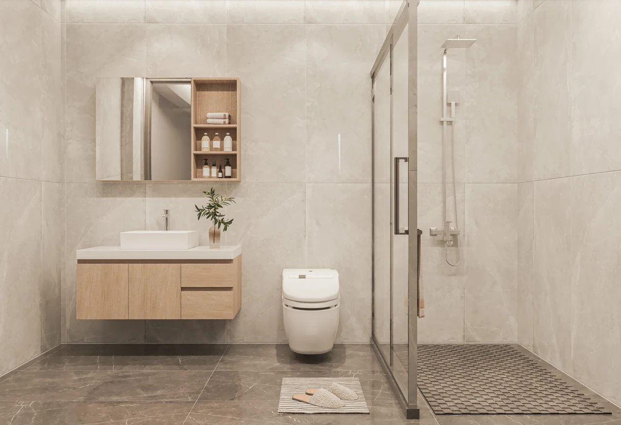 Intérieur de salle de bain moderne, armoire de salle de bain moderne, évier blanc, comptoir en bois, accessoires de salle de bain et douche, rendu 3D