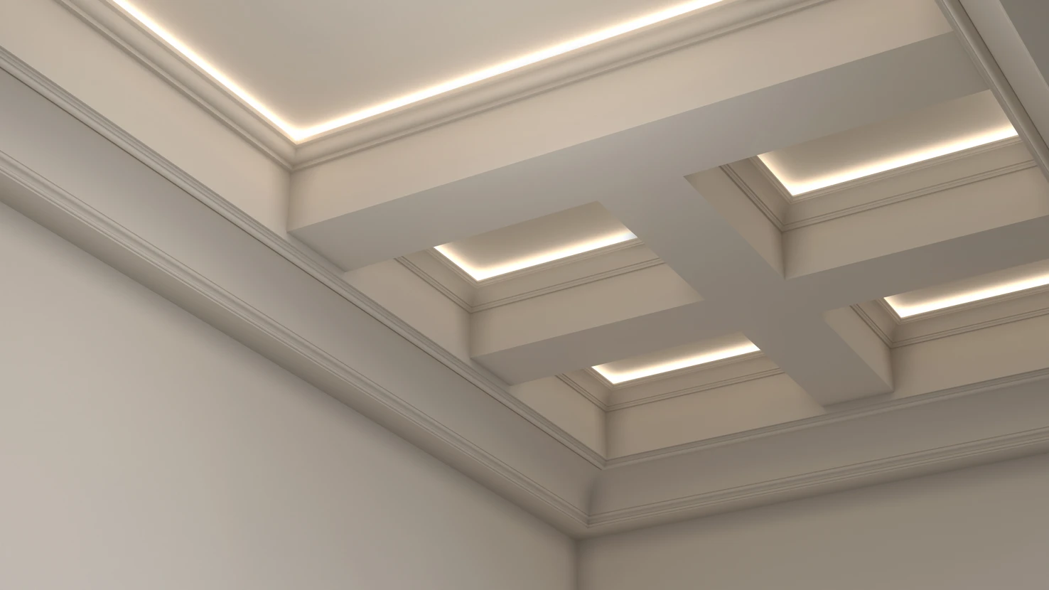 Intérieur résidentiel avec plafond à caissons en staff blanc décoré de moulures classiques