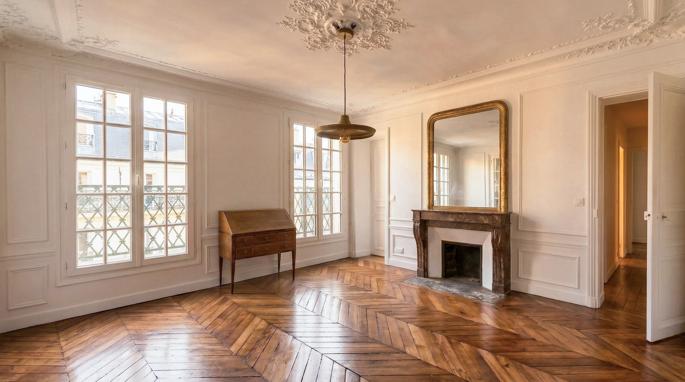Salle de bain moderne et minimaliste avec WC à réservoir apparent, meuble vasque sur pieds en bois effet chêne avec 2 tiroirs et mitigeur chromé, receveur de douche extra-plat blanc avec colonne de douche réglable à douchette