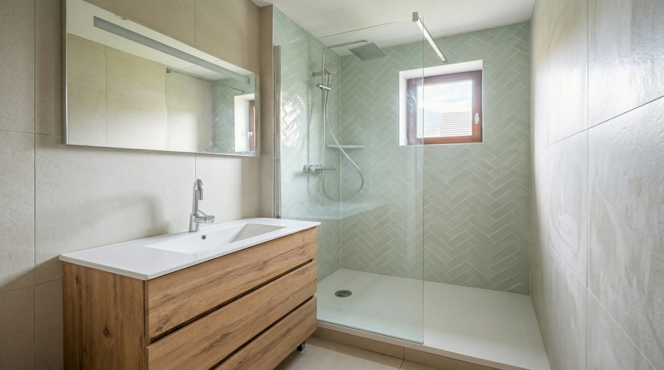 Intérieur de salle de bain moderne avec meuble vasque suspendu en bois massif, miroir circulaire rétroéclairé LED, murs gris anthracite
